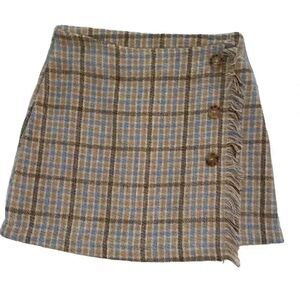 GB Girl's Tan/Blue Poly Plaid Wrap Mini Skirt